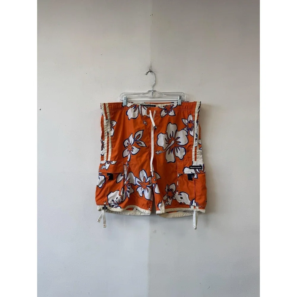 Abercrombie & Fitch Shorts Mens XL Orange Floral Swim Trunks‎ Baggy Tropical